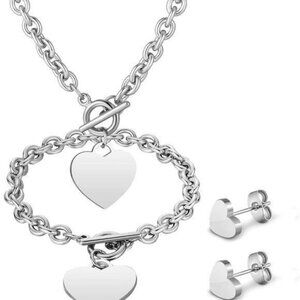 3 Pcs Heart Jewelry Set Heart Pendant Chain Toggle Necklace with Bracelet Earrin